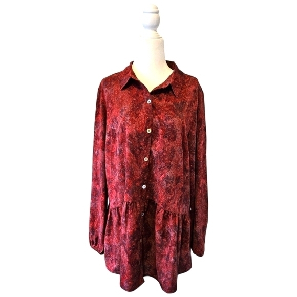 Logo By Lori Goldstein Burgundy  Pearl Button Up Pleated Tunic Blouse Small‎ - Picture 1 of 11